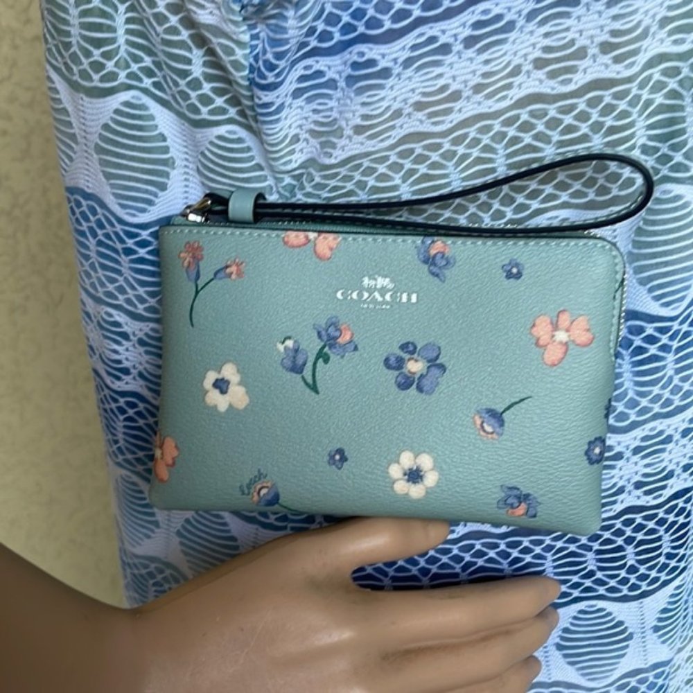 Coach Mystical Floral Corner Zip Wristlet Light Teal Multi - Picture 10 of 16